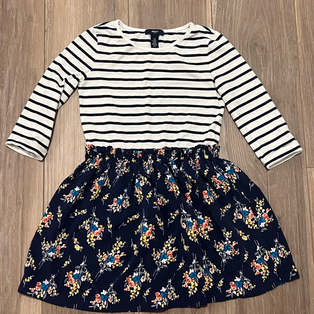 GAPkids Navy & White Striped Dress with Floral Skirt